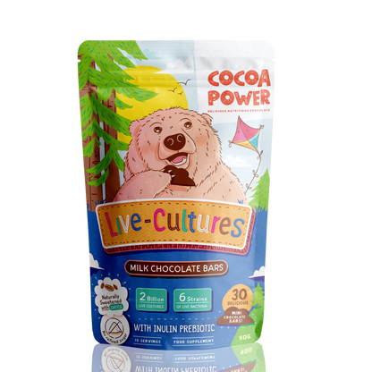 Cocoa Power Gut Friendly Chocolate – 6 Strains, 2B CFU, Live Cultures & Prebiotics for Happy, Healthy Tummies